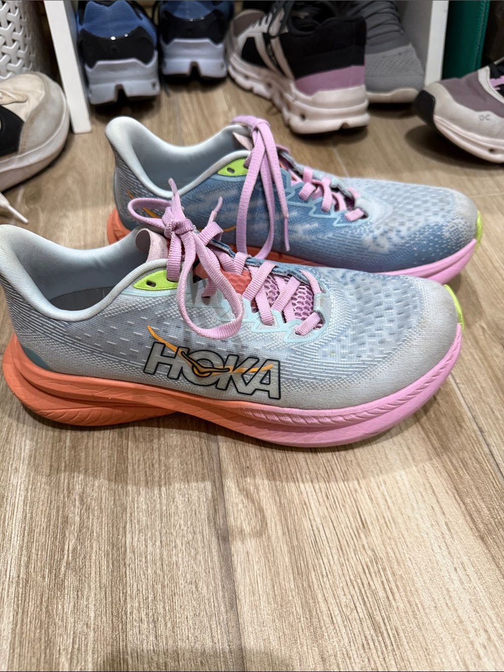 Hoka Kids Light Blue Pink Orange Running Sneakers
